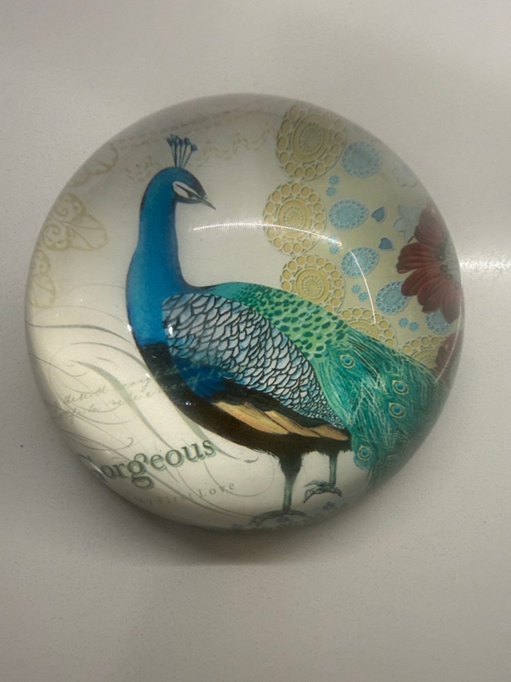 “GORGEOUS PEACOCK" CLEAR HALF SPHERE CRYSTAL BALL PAPERWEIGHT